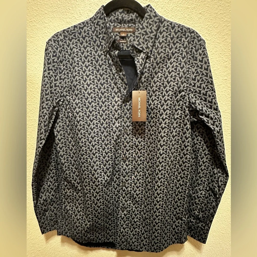 Michael Kors Dark Navy & Grey Geometric Shirt, NWT - Picture 3 of 5